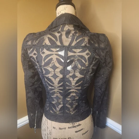 NWT Anne Fontaine Black Floral Zipper Moto Jacket Sz Small - Picture 4 of 10
